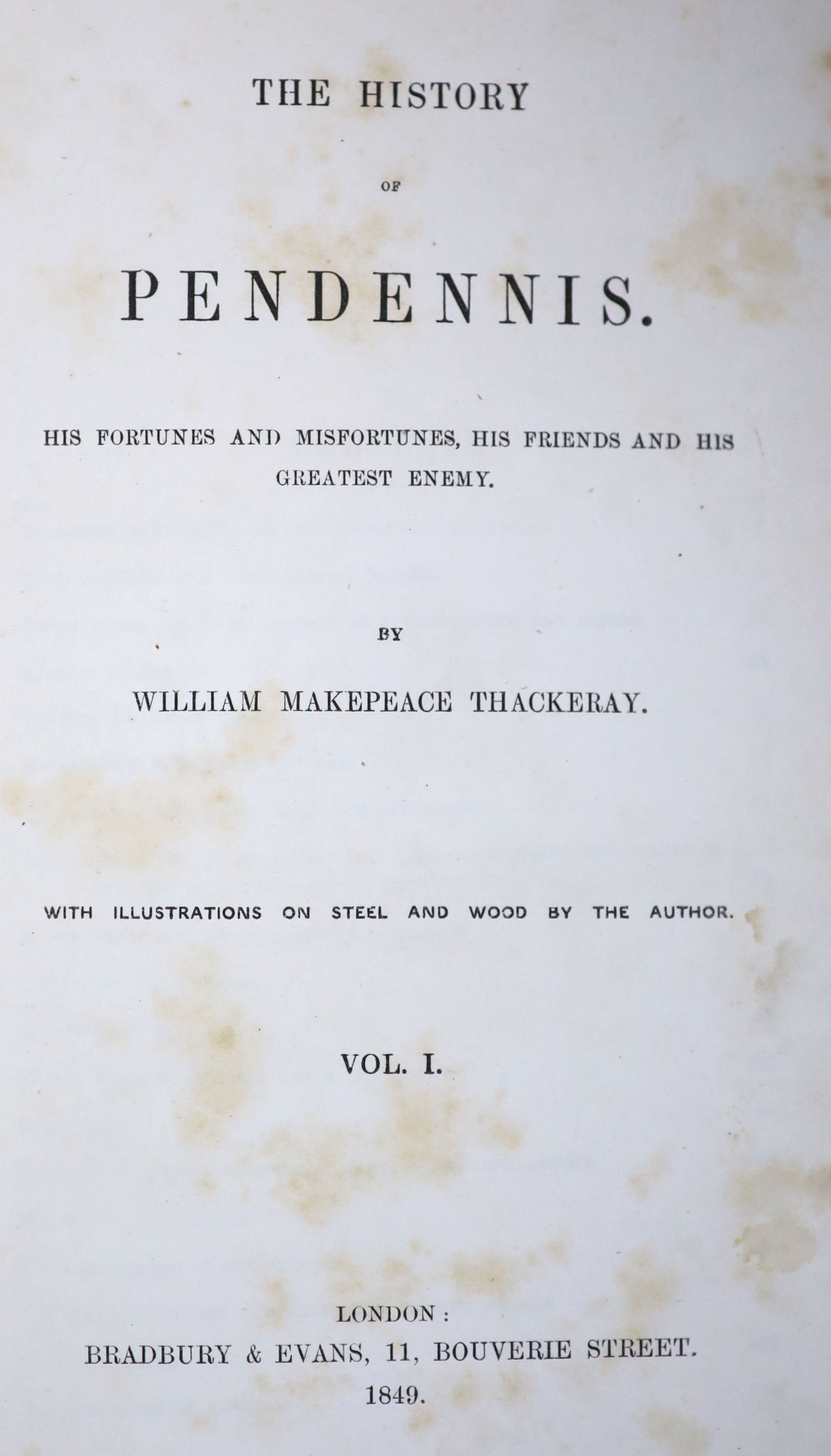 Thackeray, William Makepeace - The Works, 6 vols, 8vo, half red morocco (2) and half calf (4) with marbled boards, early fly leaves, titles and leaves stained, Bradbury and Evans, London, 1849-59